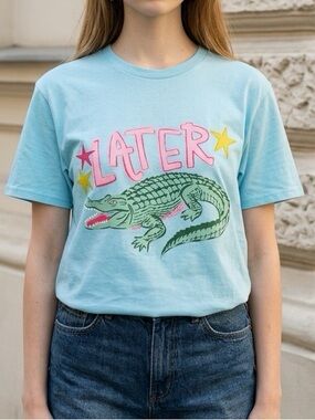 Adult Light Blue Graphic Tee with Alligator 'LATER' Print